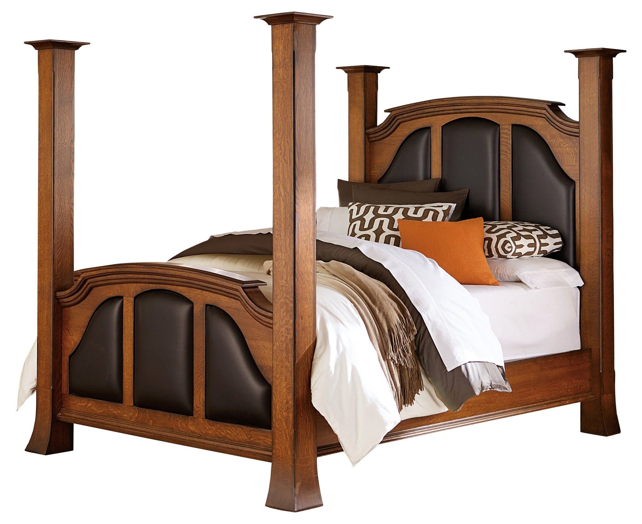 Breckenridge bed shown in 1/4 Sawn White Oak/Michaels burnished edges with Black leather panels
