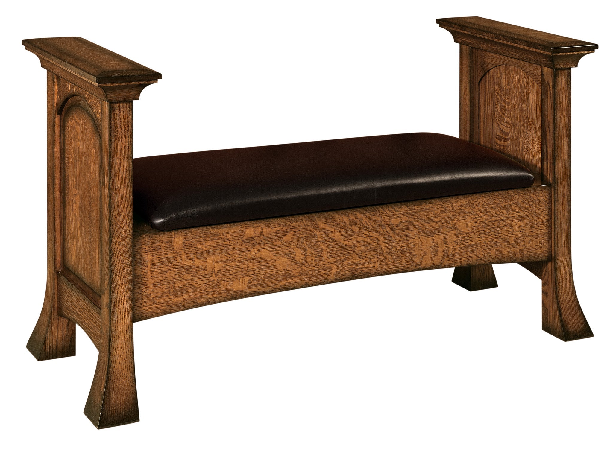 Breckenridge storage bench shown in 1/4 Sawn White Oak/Michaels with a burnish edge finish and Black leather