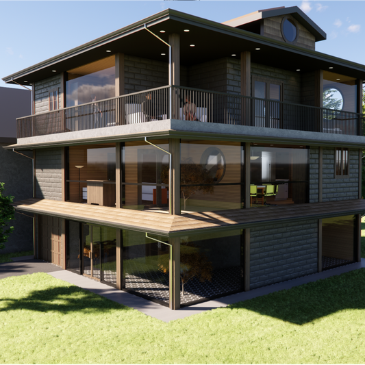 Modern house render with large windows and a deck in a suburban setting