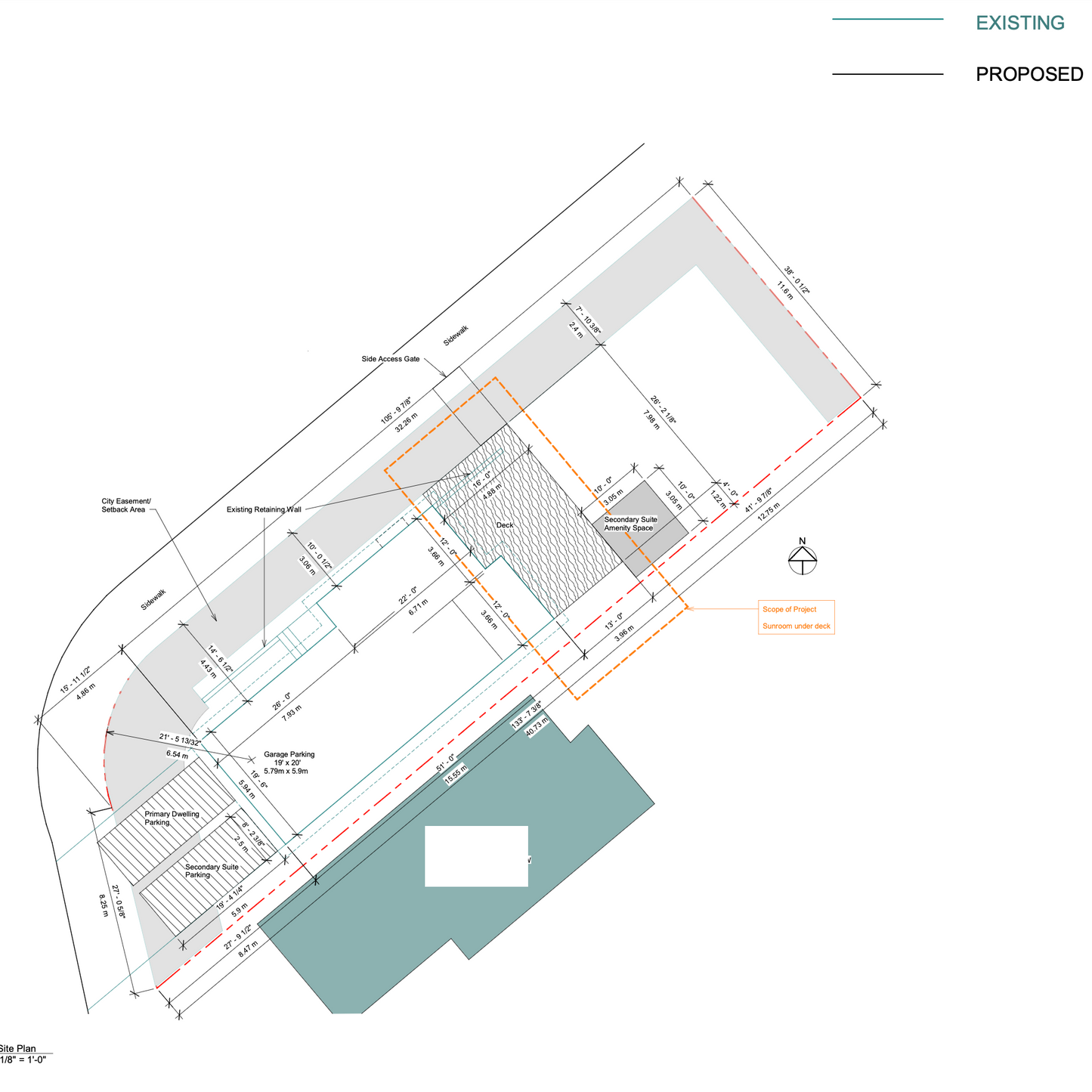 Comparative site plan showing existing and proposed layouts on a white background