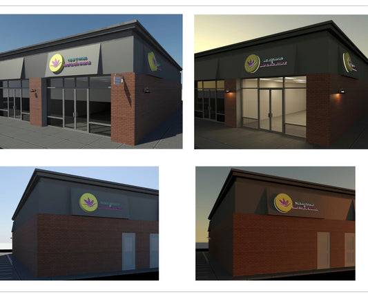 Collage of four images showing a building exterior with a logo and text, likely for a business or organization.