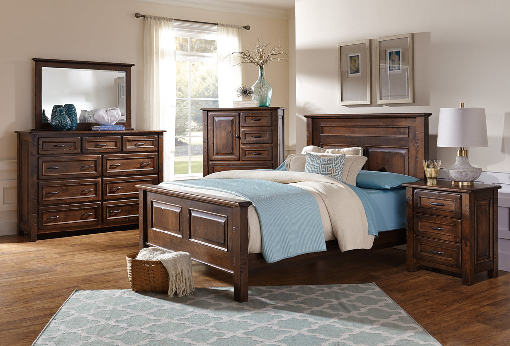 Belwright bedroom collection shown in Rustic Cherry/Coffee with sawcut distressing and low sheen finish