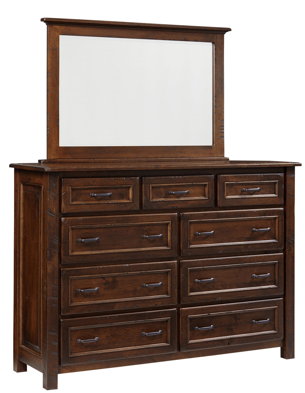 Belwright dresser shown in Rustic Cherry/Coffee with sawcut distressing and low sheen finish