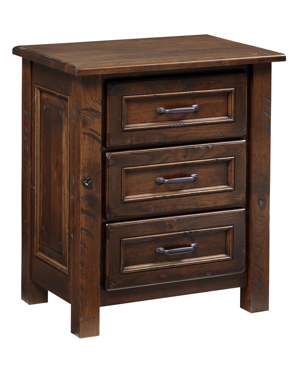 Belwright nightstand shown in Rustic Cherry/Coffee with sawcut distressing and low sheen finish