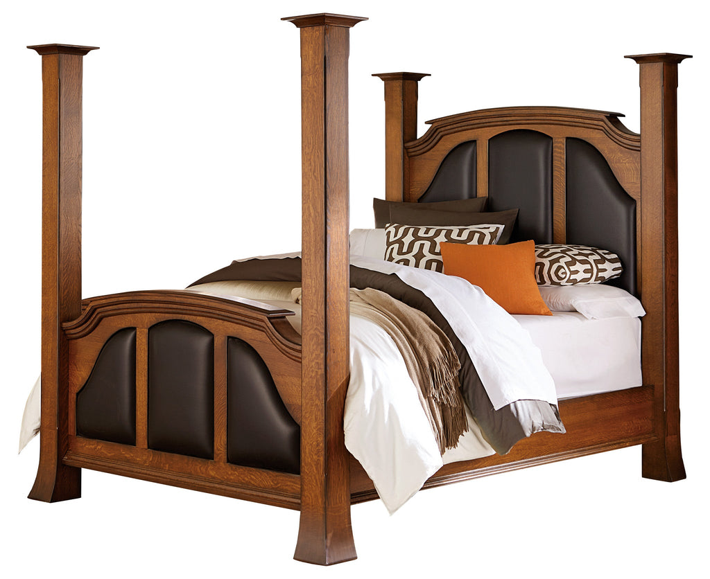 Breckenridge bed shown in 1/4 Sawn White Oak/Michaels burnished edges with Black leather panels