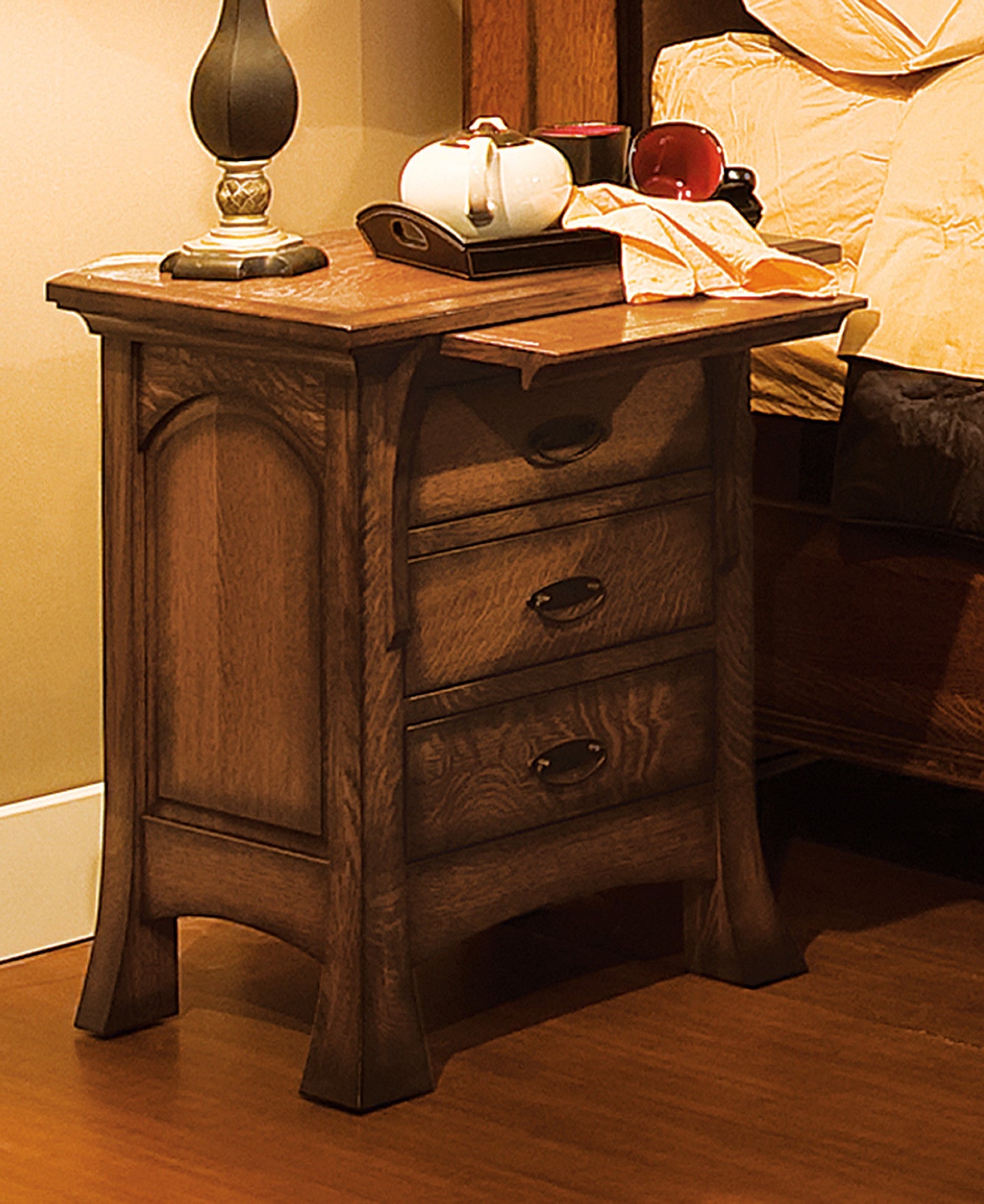 Breckenridge 3 drawer nightstand shown in 1/4 Sawn White Oak/Michaels with a burnish edge finish