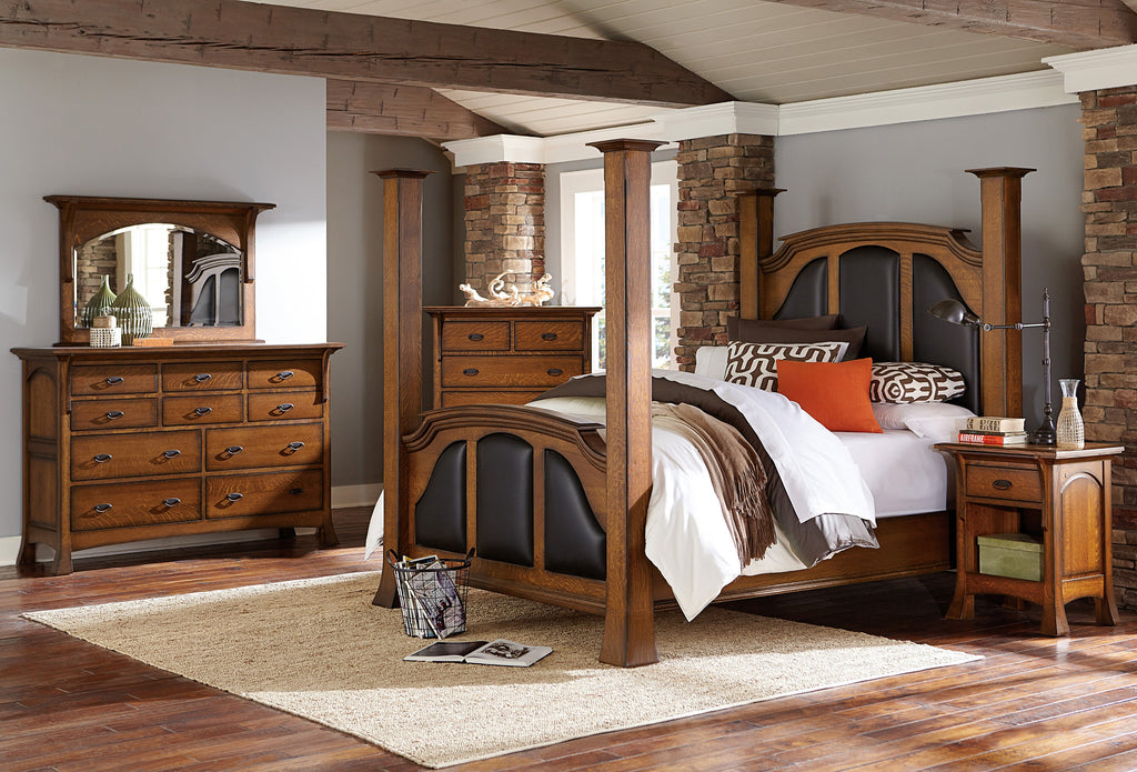 Breckenridge bedroom collection shown in 1/4 Sawn White Oak/Michaels burnished edges with Black leather panels