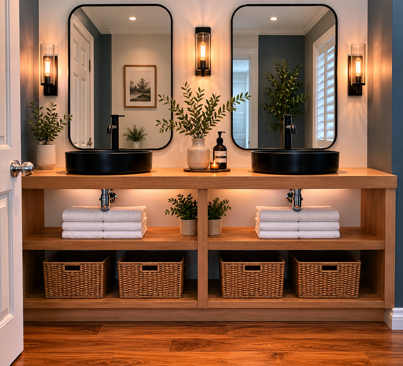 Maple wood open shelf vanity with double black sinks