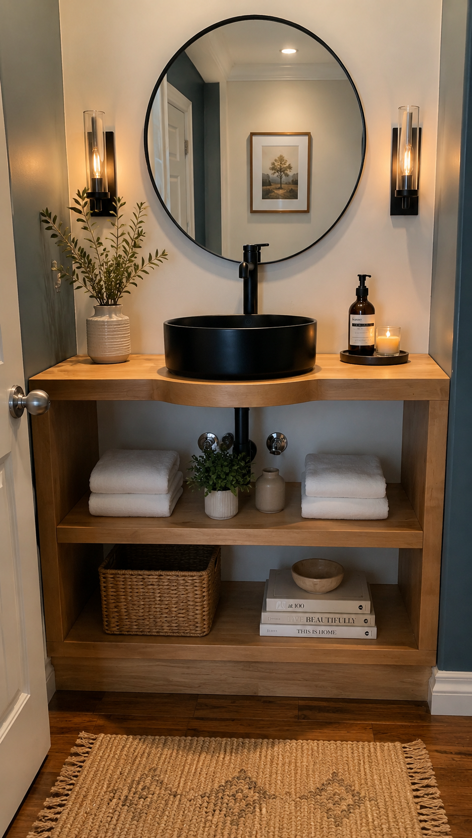 Maple wood open shelf vanity with round black sink