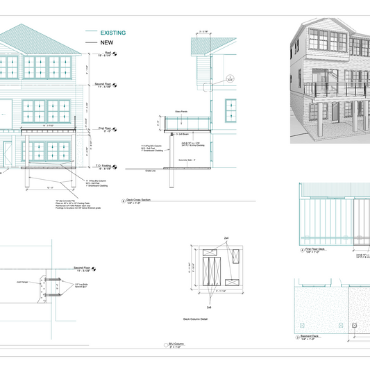 New house deck architectural drawings on a white background