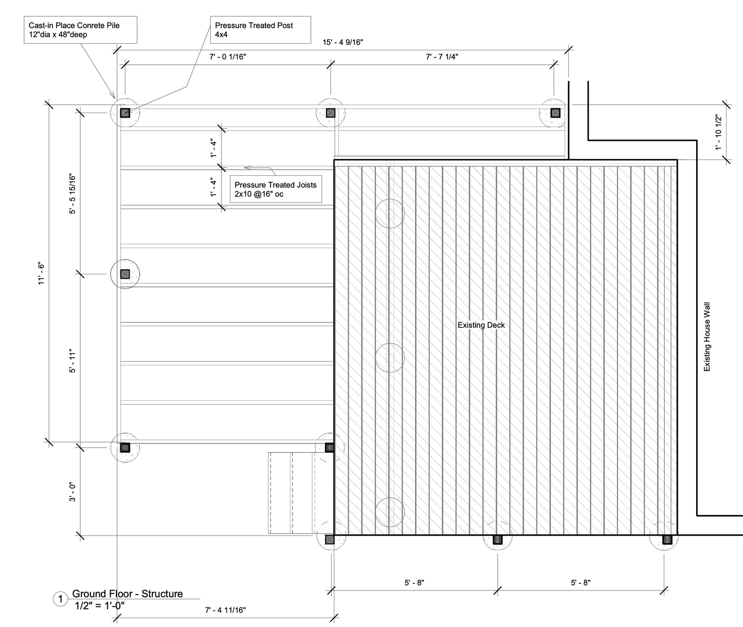 Technical drawing of a wooden structure with dimensions and labels