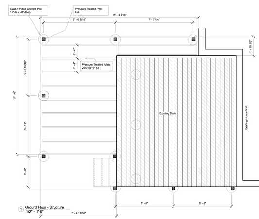 Technical drawing of a wooden structure with dimensions and labels