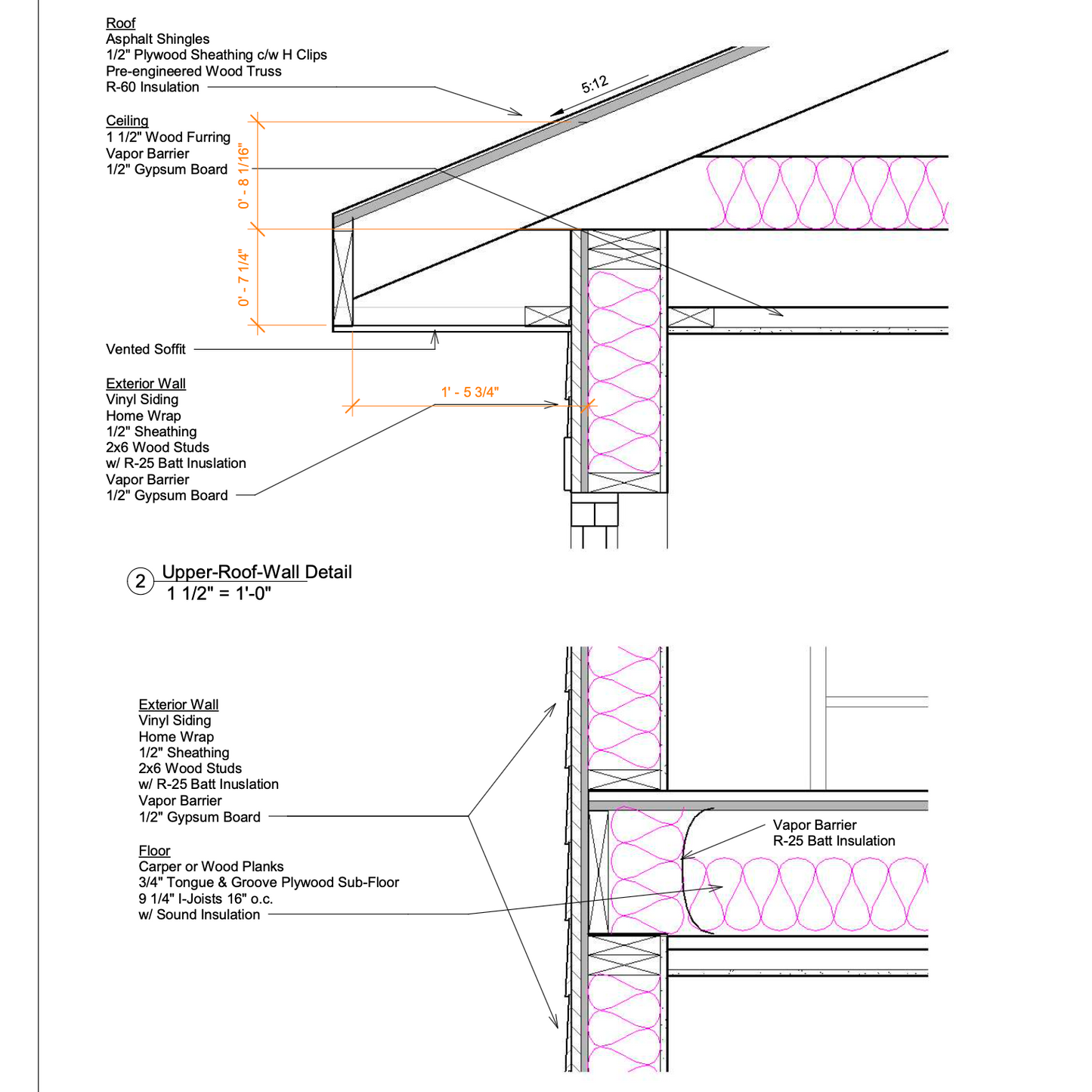 Technical drawing of a roof and wall construction detail with labeled components.