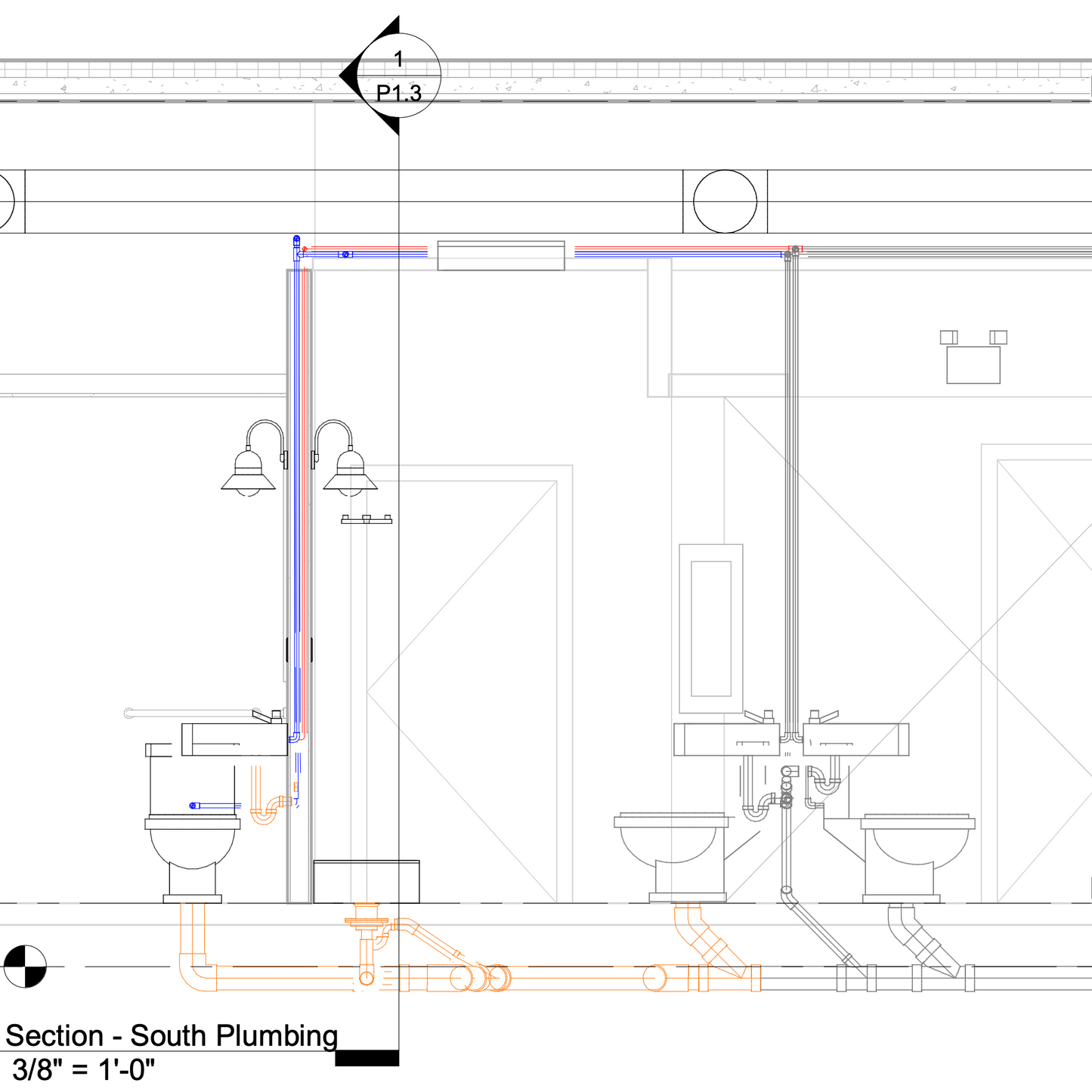 Bathroom section with plumbing layout
