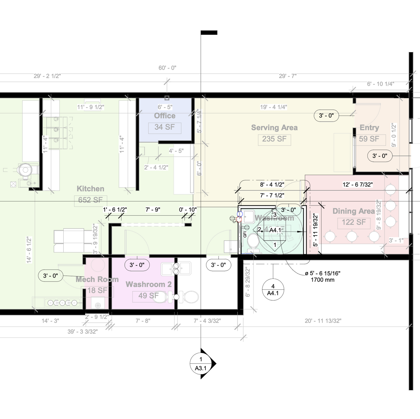 Floor plan of a commercial unit with labeled rooms and dimensions.