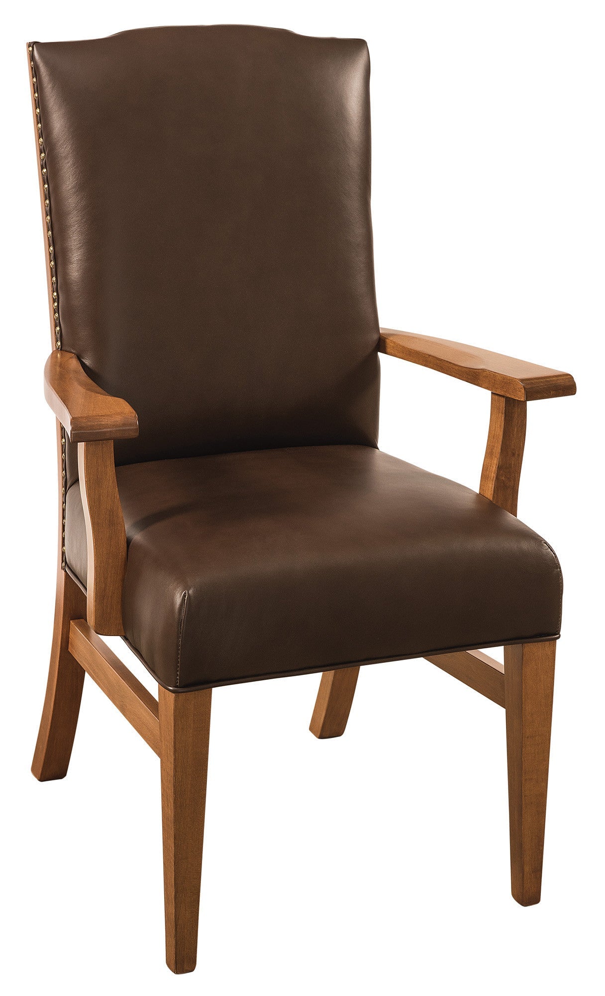 Bow River arm chair shown in Brown Maple/Sealy with Mahogany leather
