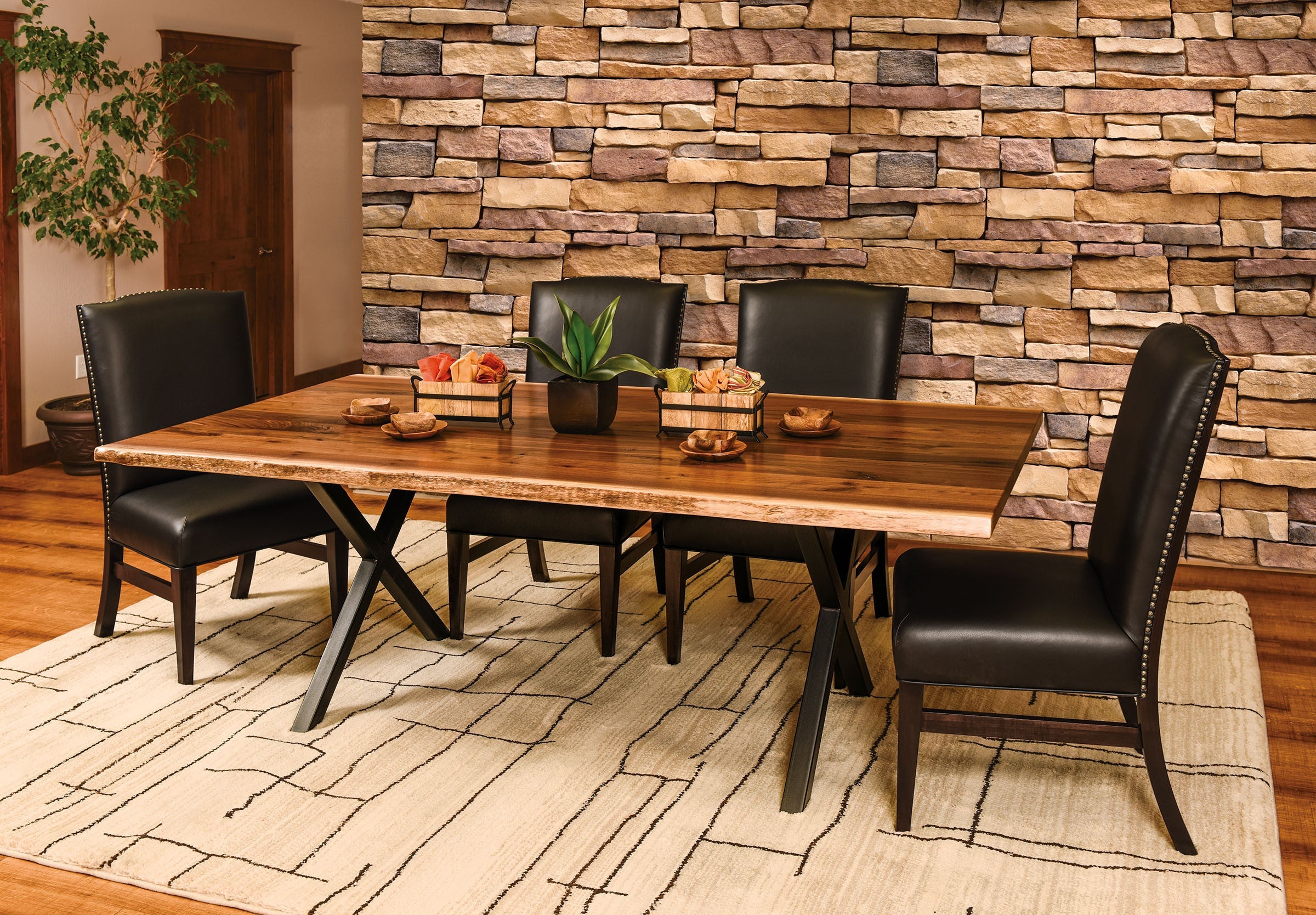 Xavier Live Edge dining room collection shown in Rustic Walnut/Natural